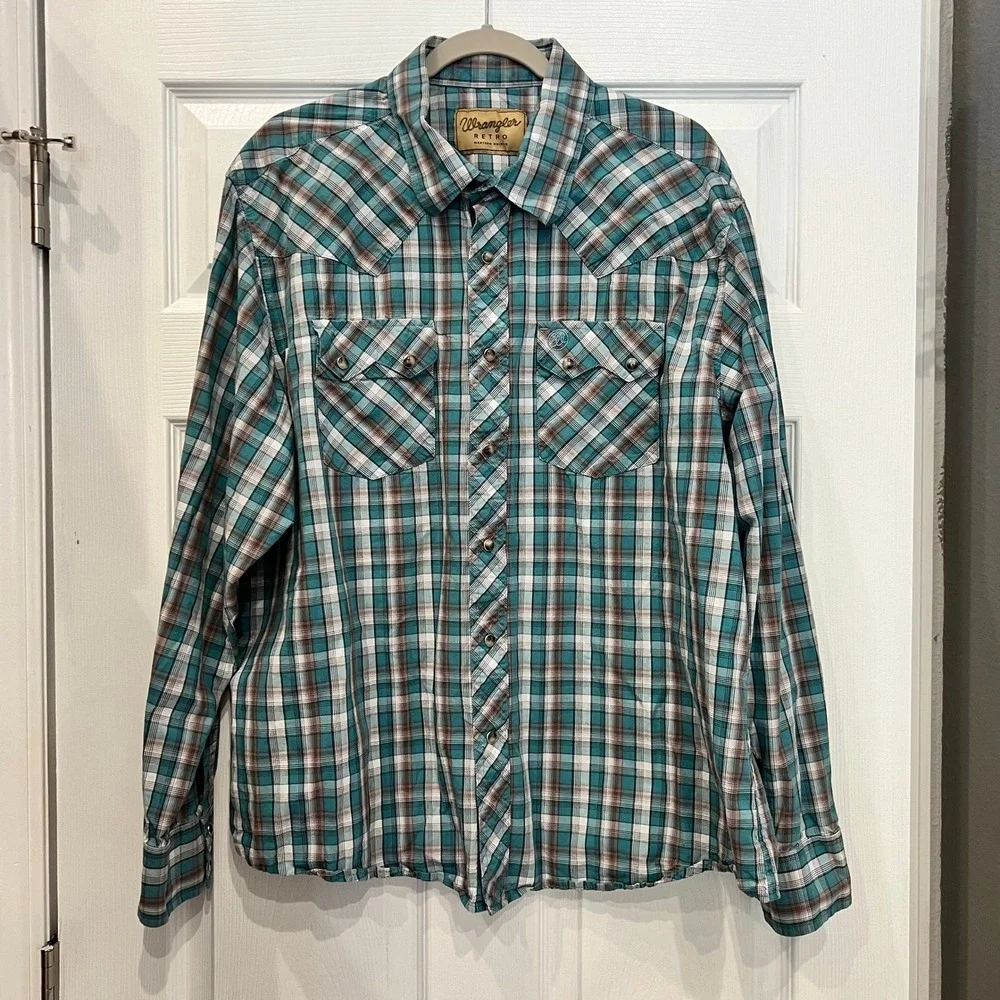 Wrangler Retro Western Shirt Cotton Blend Plaid Teal Brown XXL Regular Fit